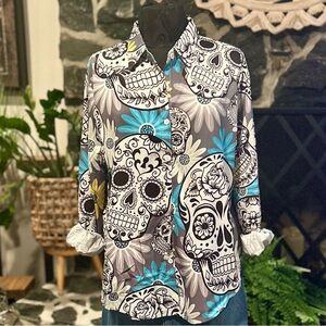 Skull & Floral Print Button-Down Blouse